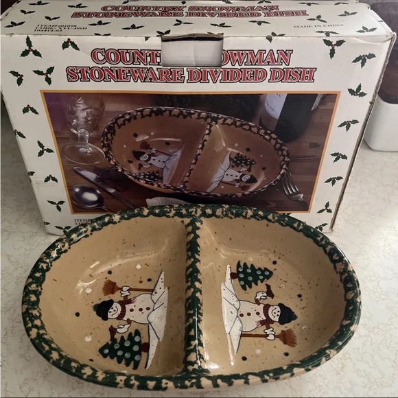 Country Snowman Stoneware Divided Dish Holiday - Picture 1 of 3